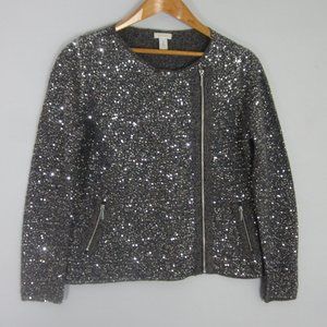 CHICOS 1 Womens Medium Blue Beige LS Silver Sequin Front Zip Wool Blend Sweater